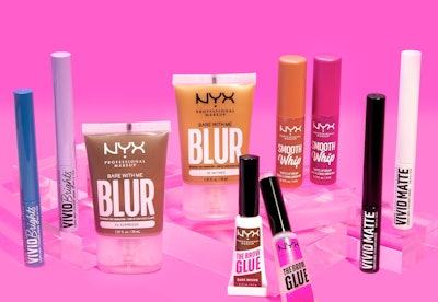 Featured SKUs include the Vivid Matte Brights Liquid Liner ($9), Smooth Whip Matte Lip Cream ($8), Vivid Matte Liquid Liner ($9), and Bare With Me Blur Skin Tint Foundation ($14). Products are shoppable at NYXCosmetics.com.
