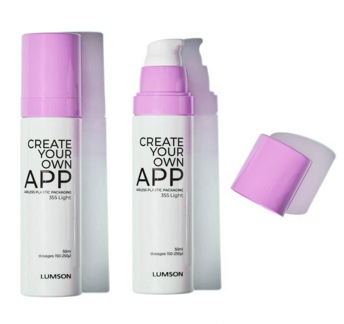 The APP 355 Light bottle can be paired with the Lumson AA355 pump in PCR PP, which allows for the recycling of each plastic component, per Lumson.