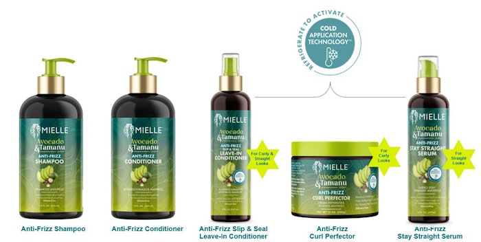 Mielle's Avocado & Tamanu Anti-Frizz System comprises the brand's skin-care-inspired refrigerate-to-activate Cold Application Technology closes hair cuticles tightly in place to block out humidity, per the brand, leaving the hair smooth.