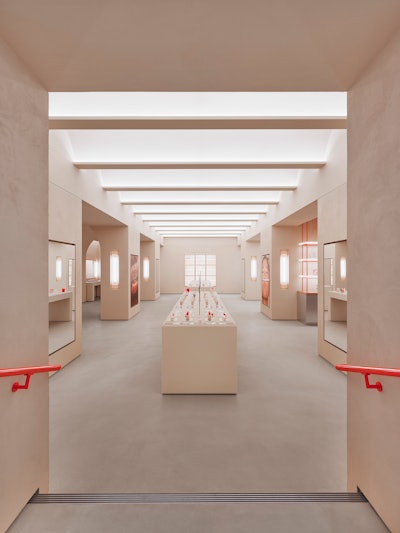 There are two 15-foot long tables in the main area for guests to find, swatch, feel and use Glossier products.