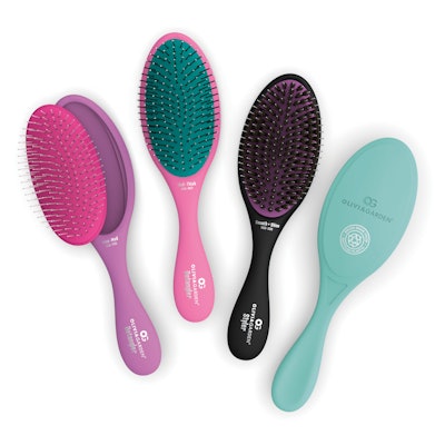 The Recycled OG Brush Collection consists of handles in four colorways (purple, turquoise, pink, and black) and three brush cushion colors (pink, teal and purple). The uniquely designed and patented brush cushions are color-coded by their bristle type.