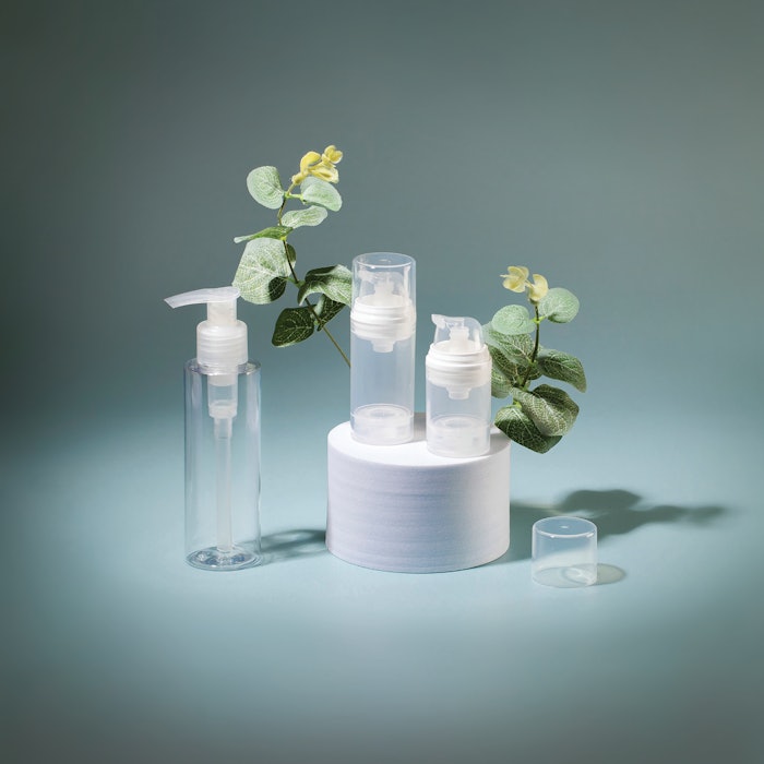 ICS’ Mono Material PP Pump is available in two neck sizes (24/410 and 28/410) and can be matched with bottles of various fill sizes and shapes; the company also offers Metal Free Airless Bottles available in 15 ml, 30 ml and 50 ml variants and with TPE or silicon springs.