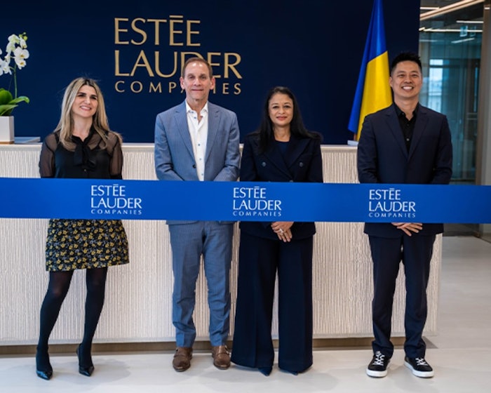 Tracey Travis, chief financial officer; Michael Smith, chief information officer; George Kuan, senior vice president, regions and travel retail technology; and Adriana Wahl, executive director and site lead of the Bucharest Global Technology Center, at the ribbon cutting ceremony in Bucharest, Romania.