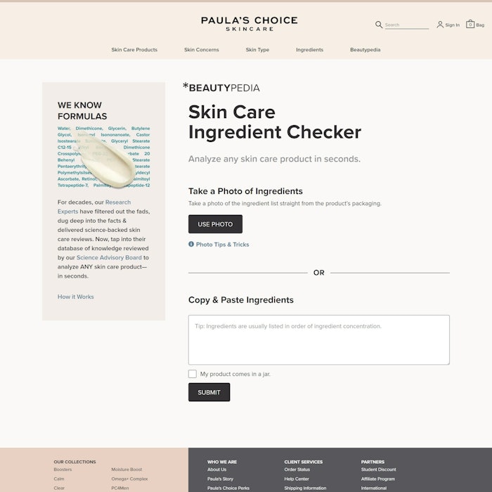 Beautypedia Skin Care Ingredient Checker is powered by the brand's Ingredient Dictionary.