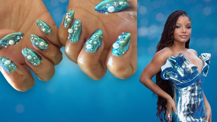 Manicurist Yoko Sakakura created Halle Bailey's nail look for The Little Mermaid Premiere at the Dolby Theater in Hollywood.