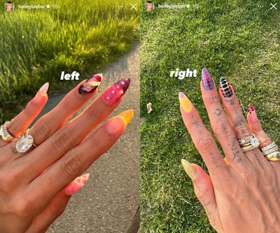 Hailey Bieber's maximalist nails she shared to her Instagram stories.