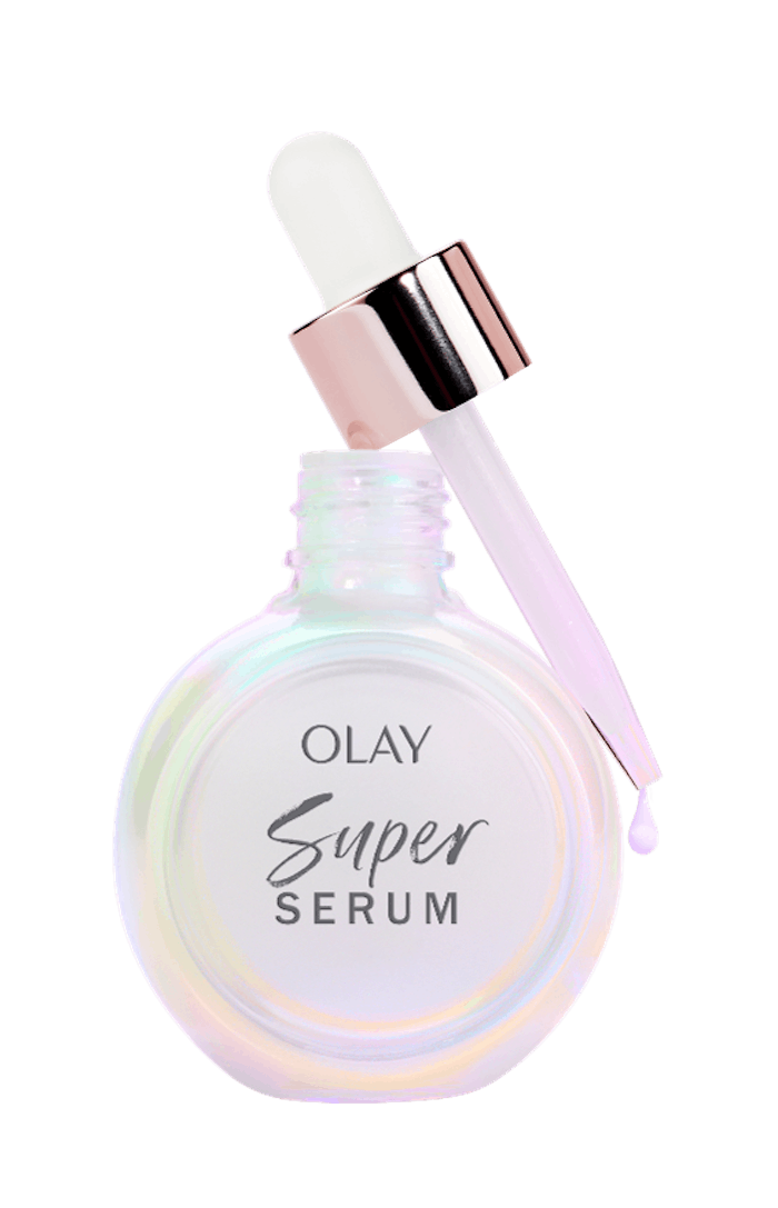 The iridescent purple serum transforms and becomes clear upon application to indicate that the product has fully absorbed into the skin, according to Olay.