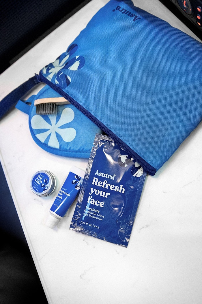 The products are held in a reusable, Asutra-branded pouch.