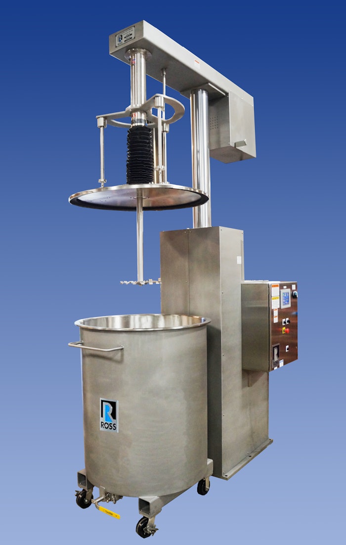 The floor mounted model HSD-15 High Speed Disperser features an air/oil hydraulic lift with telescoping cover which allows the user to mix different batch sizes and prevent stratification while keeping the vessel covered all throughout the mixing cycle.