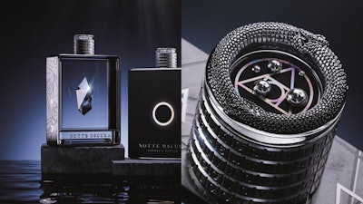Notte Oscura – Hermetic Perfume is made of high-quality glass and metal and decorated with mother-of-pearl icons. Dario Frattaruolo has chosen to experiment with different types of materials, which blend harmoniously creating a unique sensorial experience. The square shape and clean lines of the bottle give the packaging both elegance and an aura of mystery. The label has an intense black nuance that represents the darkness of the night. The idea was precisely to communicate a feeling of mystery. It was also about choosing black as the primary color and combining Avery Dennison paper with high-quality manufacturing techniques and materials.