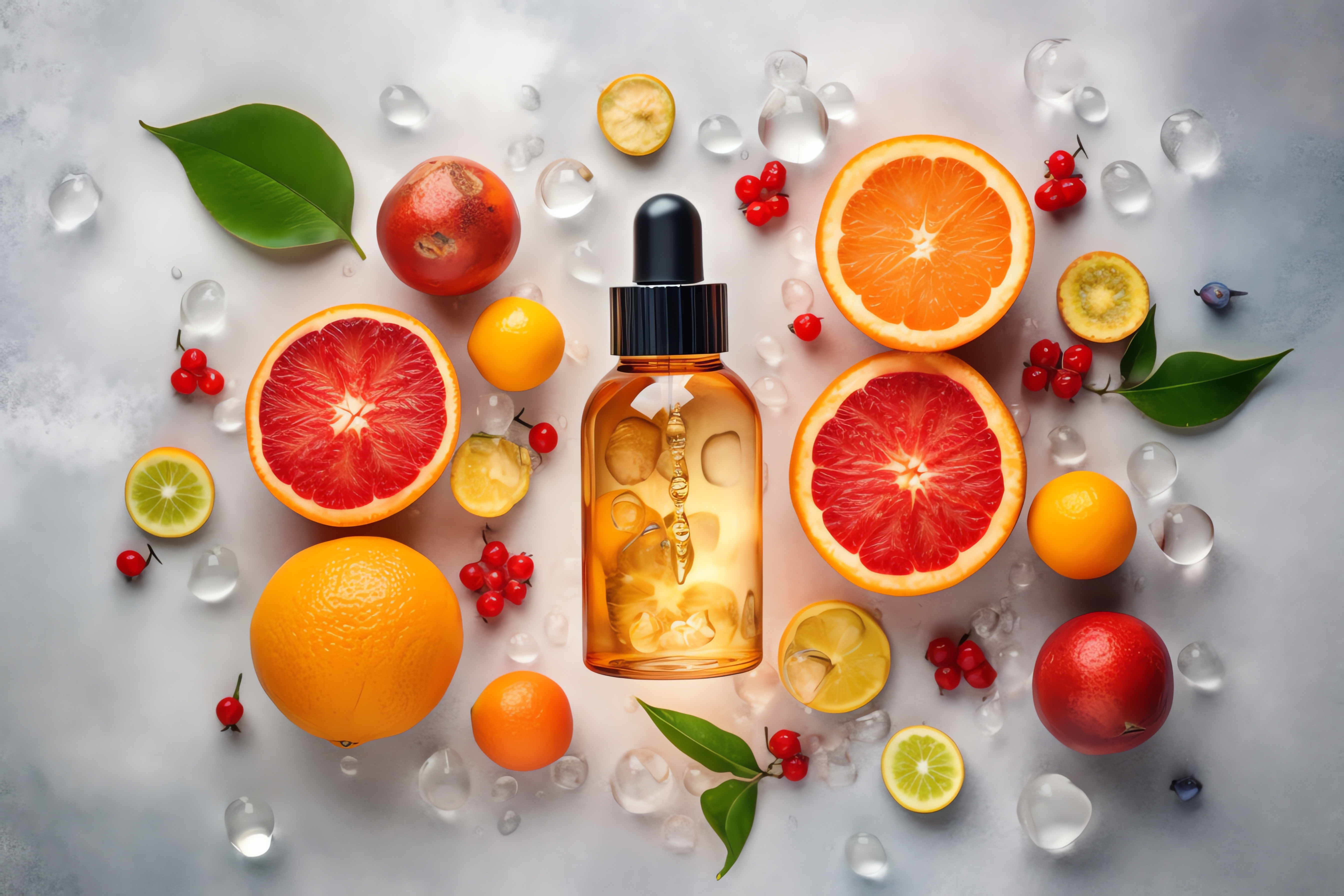 Natural vitamin c serum, skincare, essential oil products. Bottle of vitamin C serum with fresh juicy orange fruit. Beauty product branding mock-up.