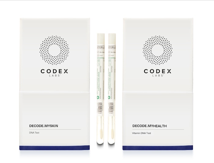 Codex Labs' kits include the Decode.MySkin DNA Test, which uses qPCR sequencing to assess skin oxidative stress, sensitivity, irritation, oiliness, pimples, pigmentation, sun exposure and general aging, as well as the Decode.MyHealth Vitamin DNA Test, which also uses qPCR sequencing and which assesses the absorption, transport and metabolism of vitamins A through E and the implication for skin conditions.