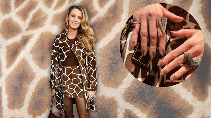 Blake Lively brings the glam again to the Michael Kors show with her “Mob Wife” giraffe print manicure courtesy of manicurist Elle Gerstein using gel products from the 10-free pro nail care brand PLA.