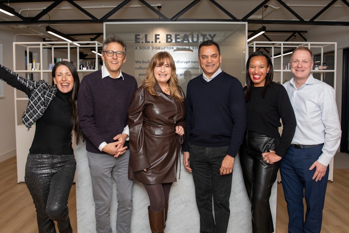 (Left to right ) Kory Marchisotto SVP, CMO, e.l.f. Beauty and President, Keys Soulcare Scott Milsten SVP, general counsel CPO, e.l.f. Beauty Jennie Laar, SVP, CCO, e.l.f. Beauty Tarang Amin, chairman, CEO, e.l.f. Beauty Mandy Fields, SVP, CFO, e.l.f. Beauty Josh Franks, SVP, operations, e.l.f. Beauty.