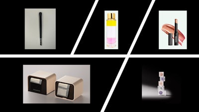 From top left clockwise: Texen's Multi Intensity Brush Eyes, Regi SRL's Hypnotic 3volution three-phase face serum, Gotha Cosmetics' Waterdrop Eye Stick, CTKClip's Aqua-Zero Sheet and HCP Packaging's Grafik refill compact.