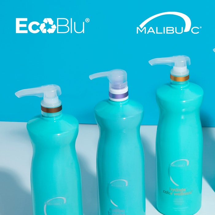 The EcoBlu bottles feature EcoLogic's Eco-One biodegradability enhancer; per independent ASTM D5511 tests cited by Malibu C, packaging featuring Eco-One biodegrade by 60.6% in 388 days in biologically active landfills.