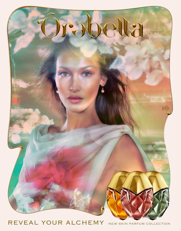 Bella Hadid's new fragrance brand, Ôrəbella (pronounced aura-bella), features a trio of bi-phase scents pairing alcohol-free hydrating fragrances with skin care ingredients.
