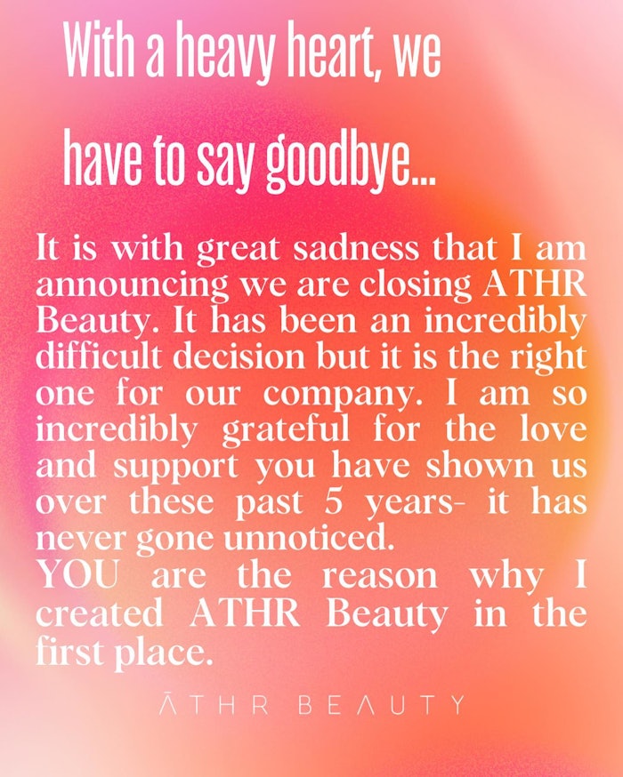 &Amacr;thr Beauty shuttered in May 2023 after about five years in business. Pictured is the brand's 2023 Facebook farewell post.