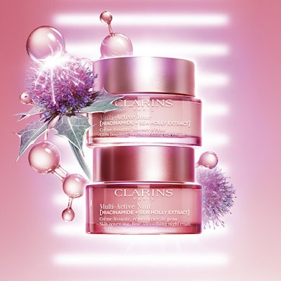 Clarins’ New Multi-Active day and night range (launched in March 2024) was formulated to address premature aging associated with stress and lack of sleep and to restore a youthful radiance, per the brand.