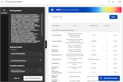The Good Face Project’s Reverse Engineering Module, for example, purports to speed up the R&D formulation development process by allowing users to upload a full list of ingredients—for instance one copied and pasted from a retailer website—and use that list to recreate the formula by pulling information from a database of more than 40,000 trade-named materials.