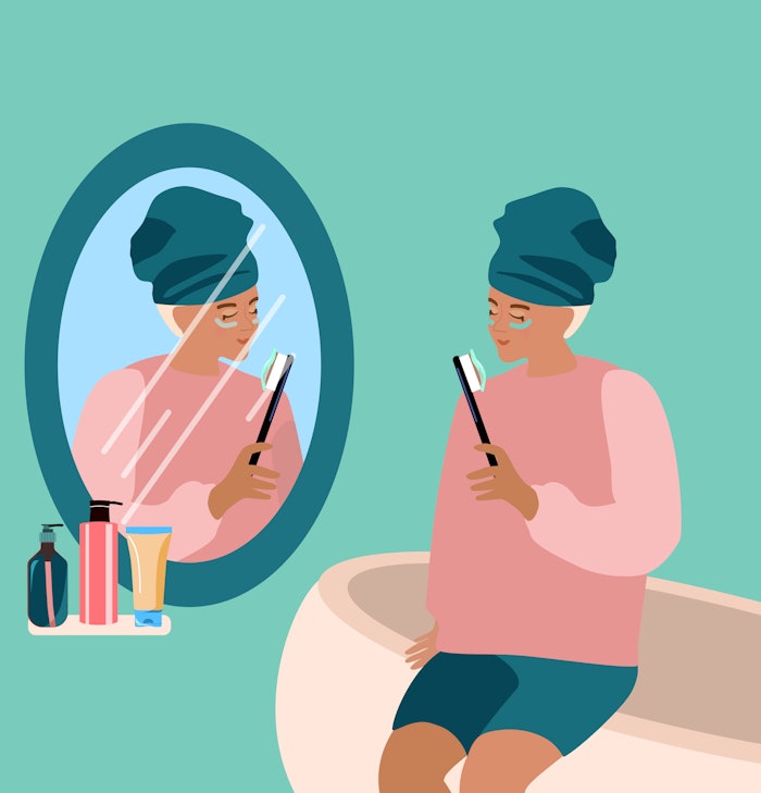 Woman brushing teeth with skin care eye patches.