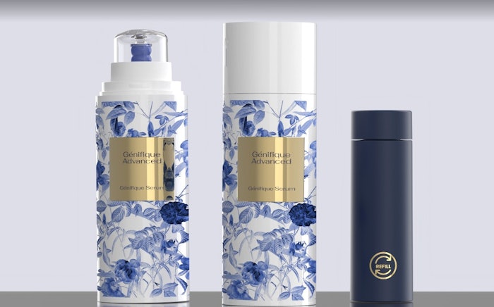 The cosmetic dispenser features an innovative refill system that ensures easy and clean refilling of cosmetic products.