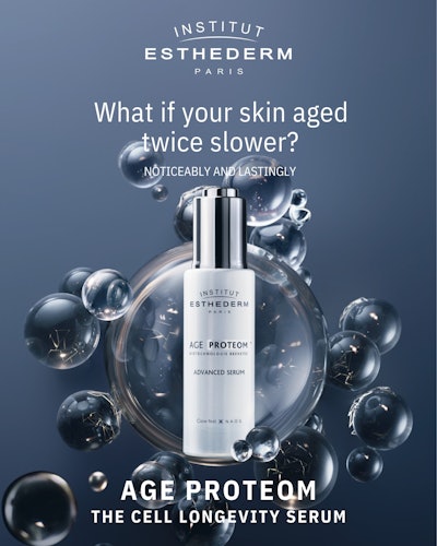 Institut Esthederm's Age Proteom Advanced Serum, featuring a molecule extracted from the snow bacterium, a biomimetic active ingredient that acts as a biological shield for the skin's proteome.