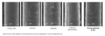 SEM images (magnification of 1,100x) obtained from the evaluation of hair surface after thermal treatment.