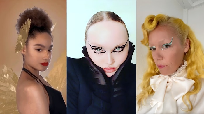 Three MaquillAR projects: 1. AR effect for Valde Beauty; 2. AR effect for Val Garland, model: Fallon Havanna; 3. AR effect for Submission Beauty, model and founder: Zenia Jaeger.