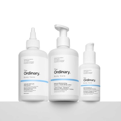 (from L) The Ordinary brand's Salicylic Acid 0.5% Body Serum, Natural Moisturizing Factors Inulin Body Lotion and Niacinamide 5% Face and Body Emulsion