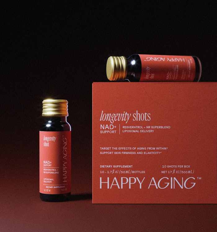 Happy Aging Longevity Shots bottles and box