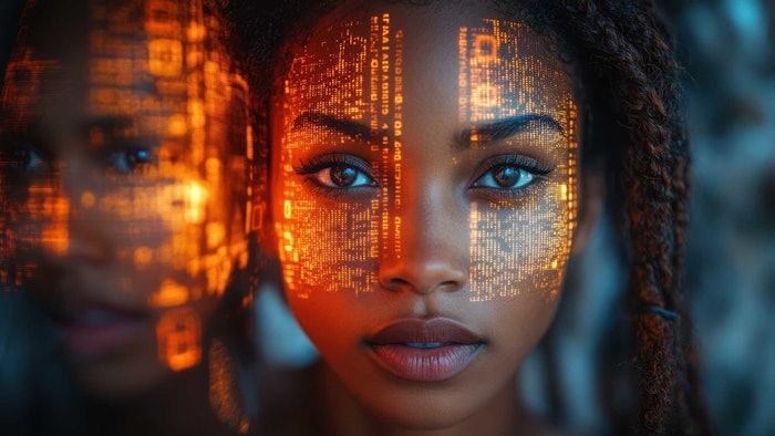 black woman digital tech projected code on her face AI generated