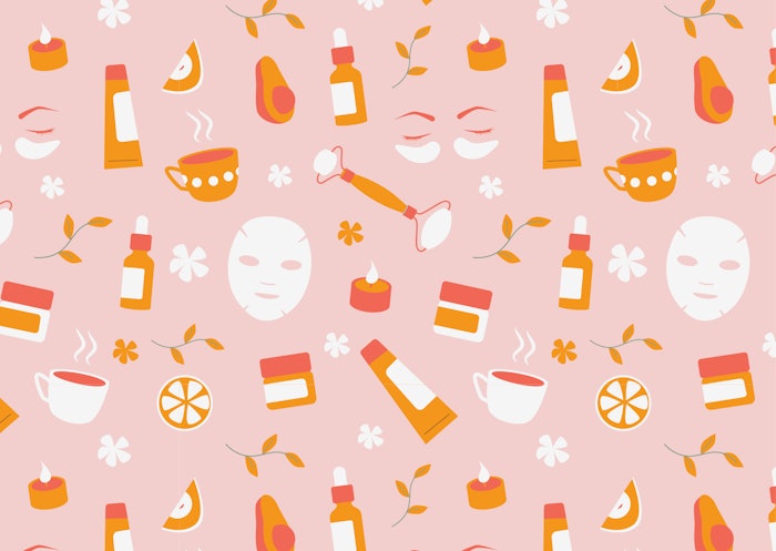 Home spa and wellness seamless pattern on light pink background. Orange red design for beauty salon wallpaper, relaxation brochure, self-care products packaging. Therapy and skincare concept.