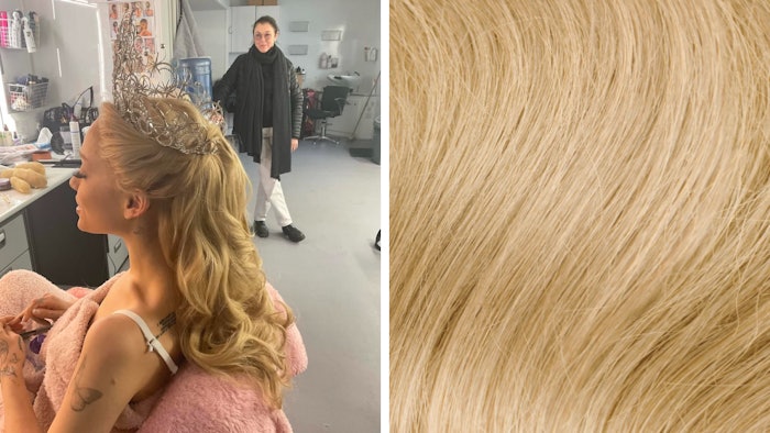 Ariana Grande in hair and makeup while filming Wicked and a close up of hairtalk's color 23 hair extensions.