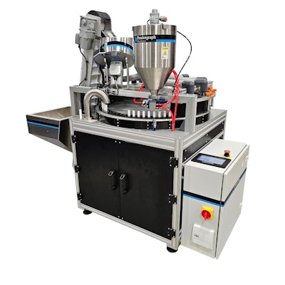 LB30 Lip Balm Filler, a semi-automatic system tailored for hot melt filling, cooling, and capping lip balm sticks.