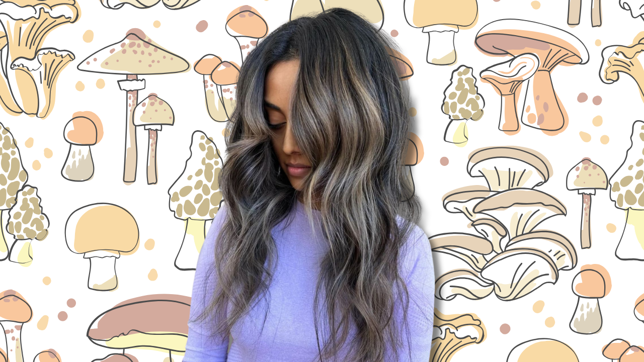 Client with a mushroom brunette hair look. The background contains sketches of mushrooms.