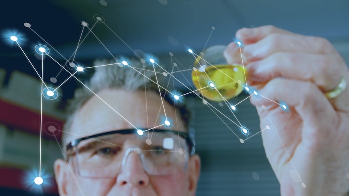 scientist holding flask digital measure sketch in air