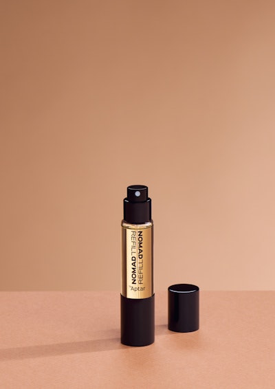 Nomad Refill, a purse spray for touch-ups, refillable in less than 5 seconds, per Aptar Beauty.