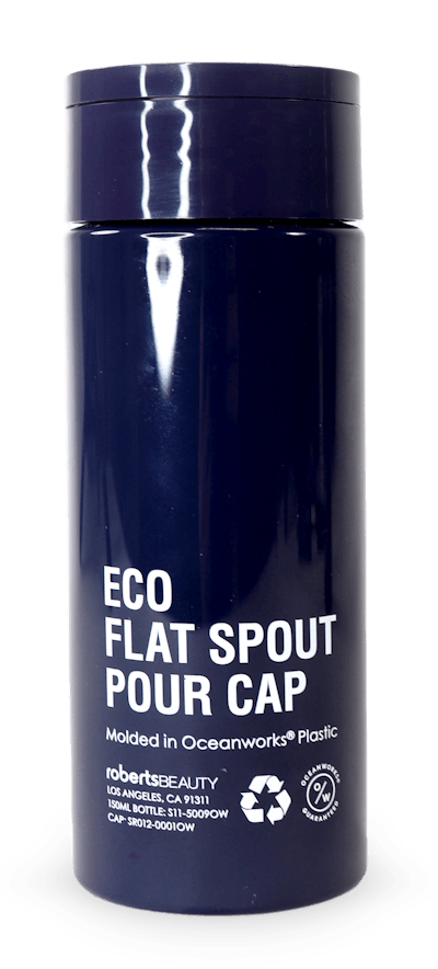 Eco Flat Cap Pour Spots by IBG/Roberts Beauty: 100% recycled ocean material, designed for easy dispensing and perfect for skin, hair, or body care products.