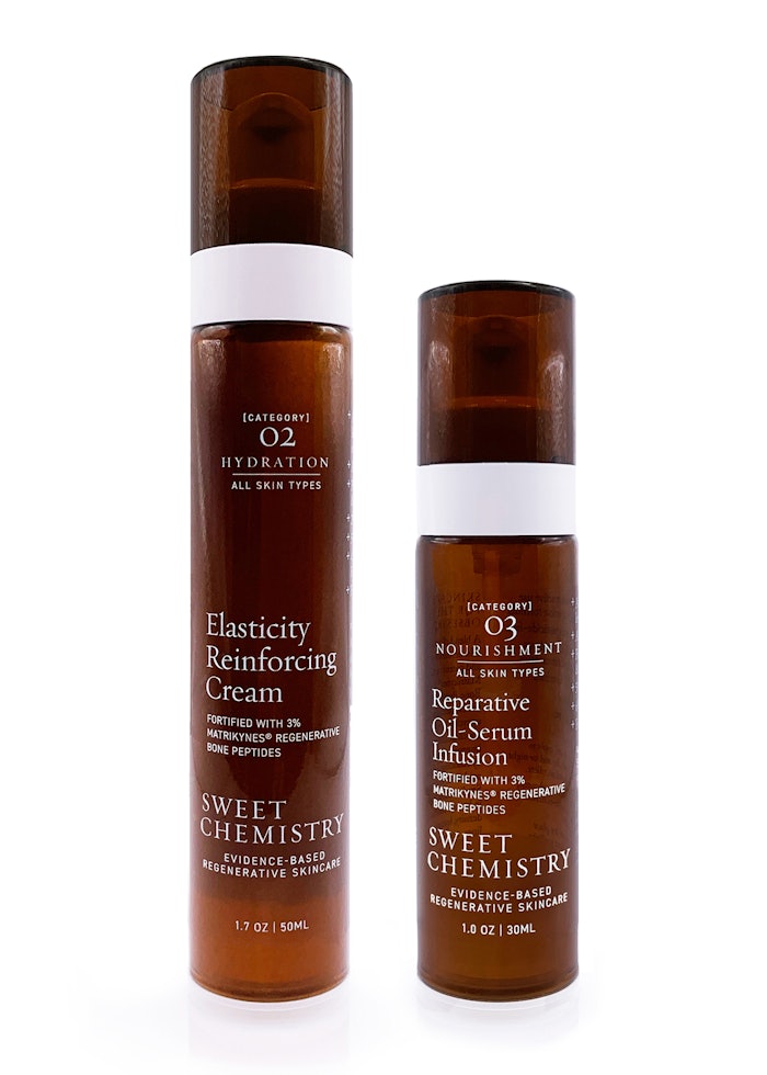 Sweet Chemistry’s breakthrough elasticity-reinforcing cream features 45% actives, including Matrikynes Peptides and Vitamin C, for repair and hydration.