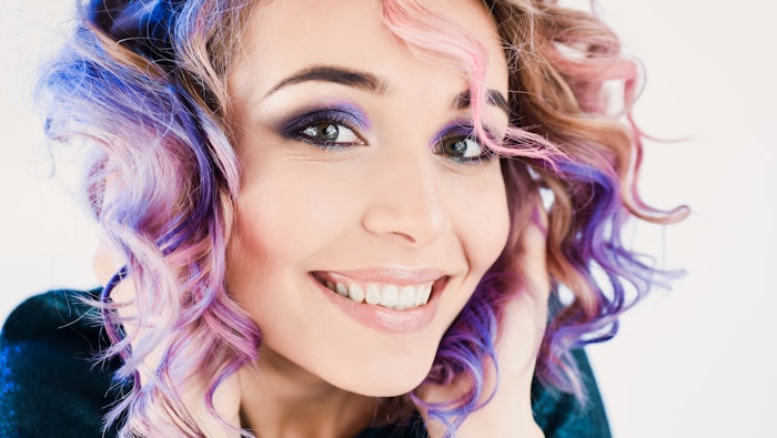 Beautiful Young Woman Fun Unicorn Hair Purple Blue Curly Feel Touch Soft