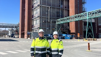 Ari Venninen, managing director at CABB, and Annukka Tarvainen, technology and investment director activist, Origin by Ocean, at CABB site in Kokkola, Finland