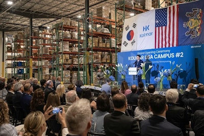 Yoon Sang Hyun, vice chairman of Kolmar Group, delivers a commemorative speech at the opening ceremony of Kolmar USA's second plant.