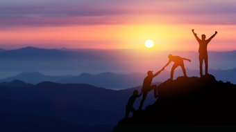 People Climbing Mountain Together Bright Purple And Orange Sunset Adobe Stock 363563655