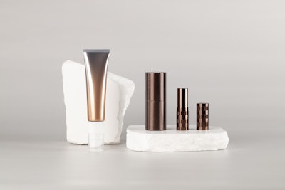 'We are ... seeing a surge in demand for tube packaging, with innovative applicators and custom designs for formulations spanning all product categories, from color cosmetics, skin care and sun care to hair care,' says Sue Nichols, ICONS Group CEO. Pictured is an ICONS America tube with a pump and custom in-mold pattern aluminum sticks.
