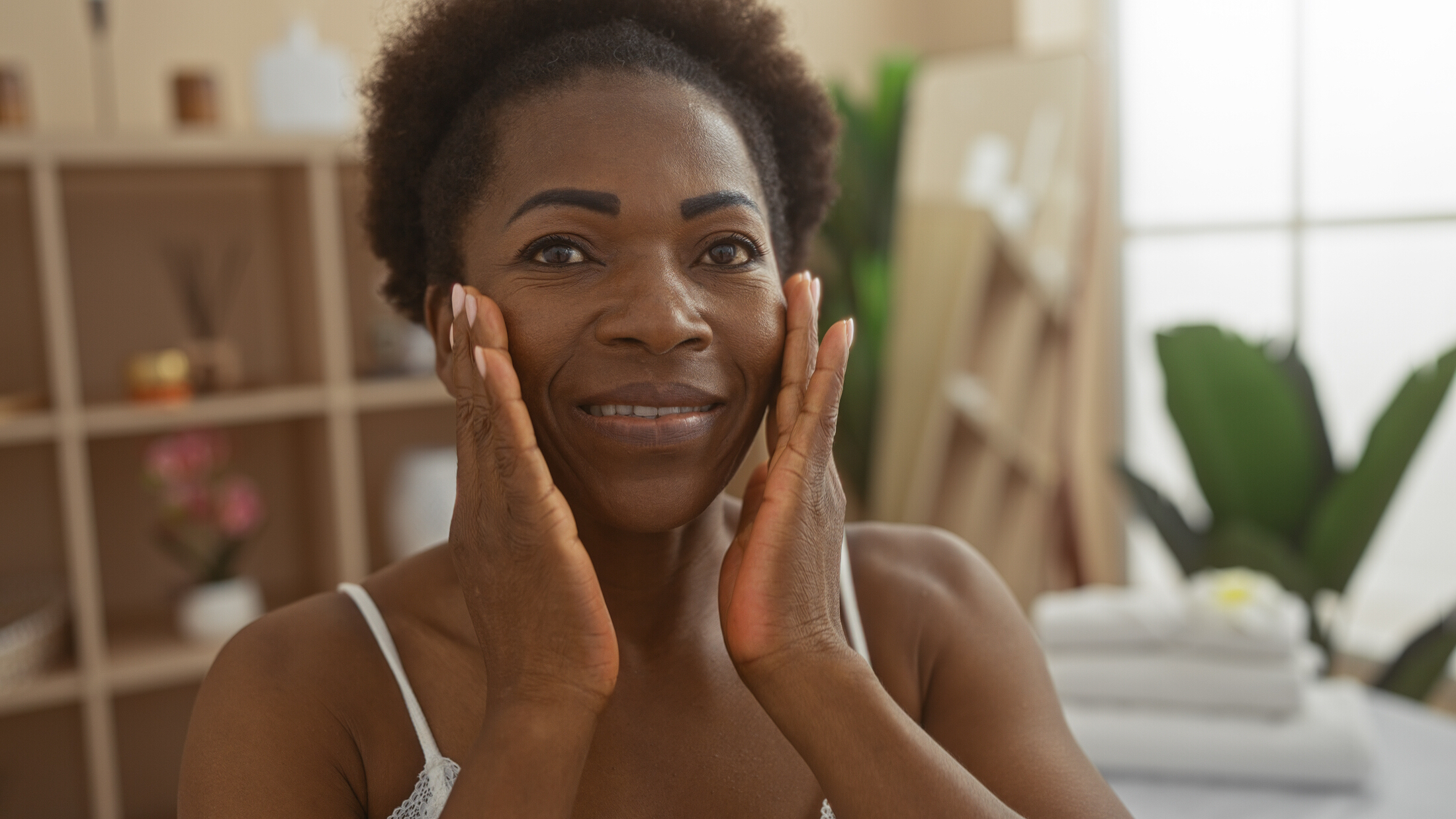 Beautiful Woman Dark Skin Healthy Tapping Face
