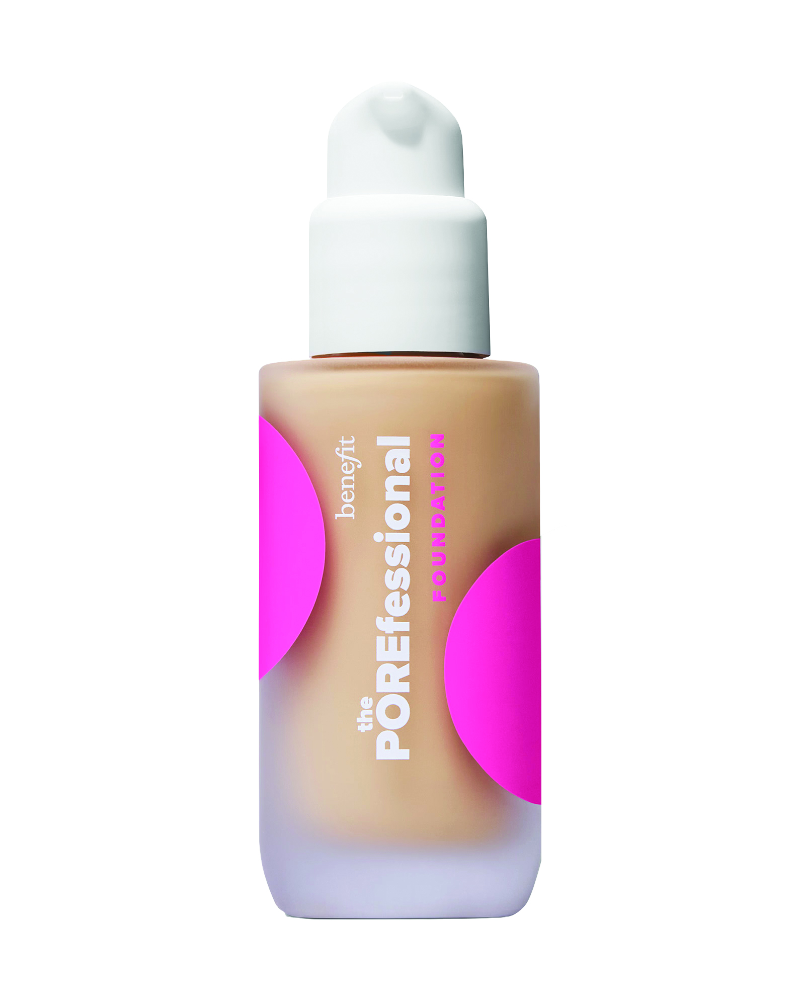 For its POREfessional Smoothing & Blurring Matte Foundation, Benefit chose the 30 ml frosted bottle with full rounded base and 20/400 neck and paired it with the AB226 pump with PEARL 175 actuator in white.