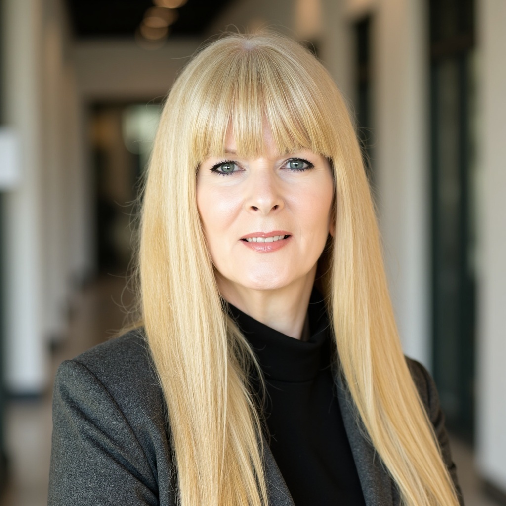 Professional blonde woman in gray blazer and black top, smiling in office setting