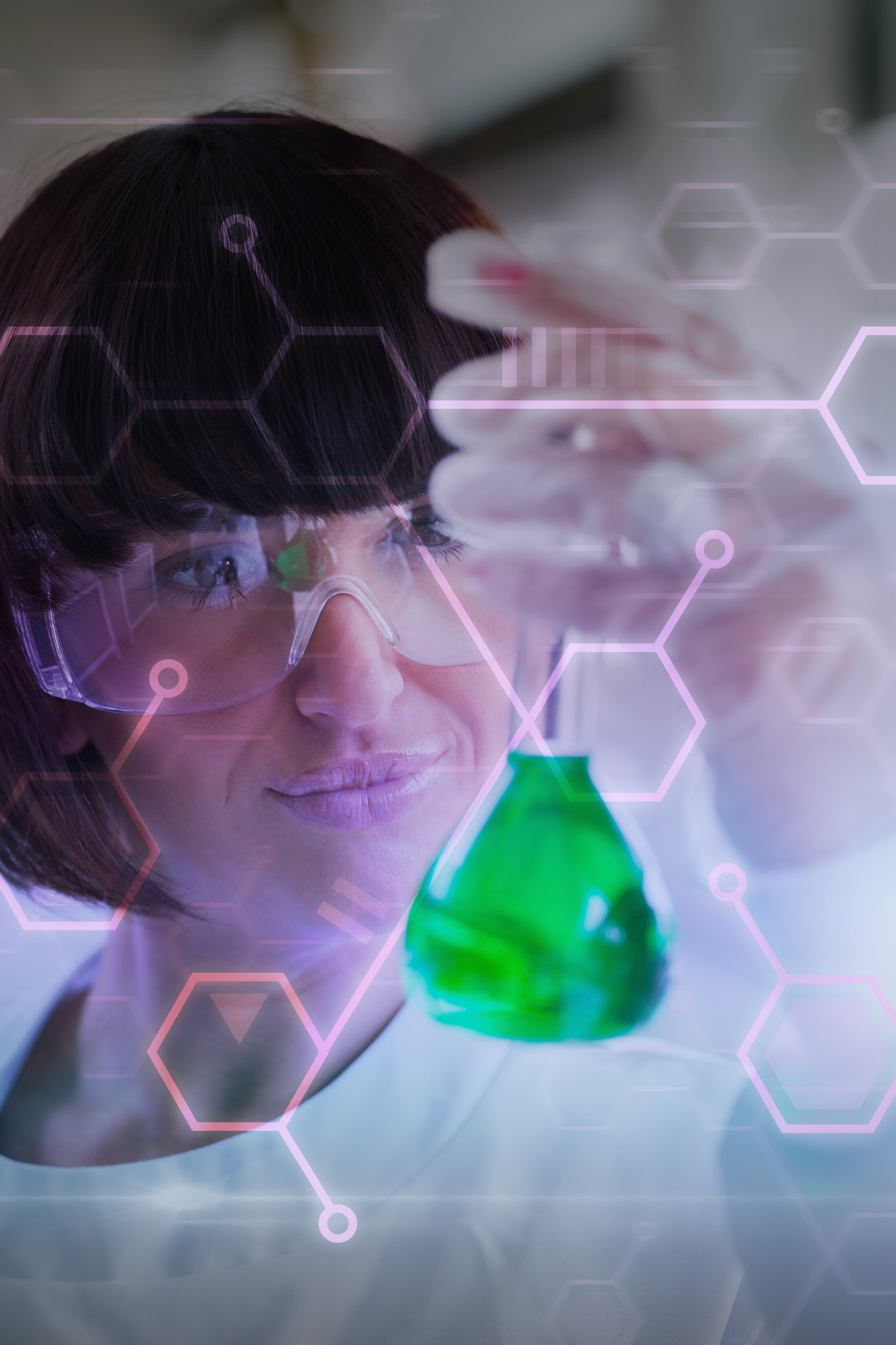 Woman Scientist In Lab Sample Digital Molecule Adobe Stock 178319130