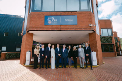 From left to right: Jo Dancey, global brand president, Jo Malone London; Alex Gregorian, SVP, global manufacturing and engineering; Roberto Canevari, chief value chain officer; Nadine Graf, president, EUKEM; Stéphane de La Faverie, president and CEO; William P. Lauder, chair of the board of directors; Maria Genouzos, VP, EUKEM and APAC manufacturing; Pernilla Nyberg, SVP, general manager, U.K. and Ireland; Jamal Chamariq, SVP, EUKEM and TR value chain; and Ben Smith, Whitman plant manager, celebrate the 60th anniversary of The Estée Lauder Companies’ Whitman manufacturing facility in Petersfield, U.K.